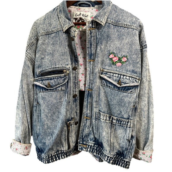East West Vintage Women Acid Wash Floral Lined Denim Bomber Button Jacket M/L - Picture 1 of 10